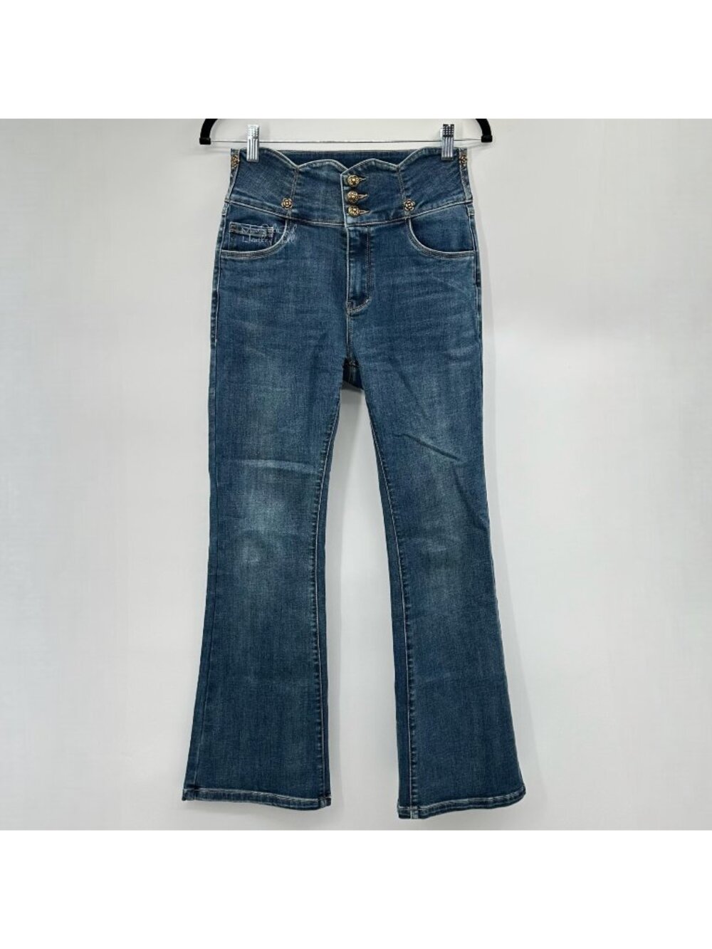 Decorative Flowers Scalloped Waistband Flare Leg Jeans Size 28